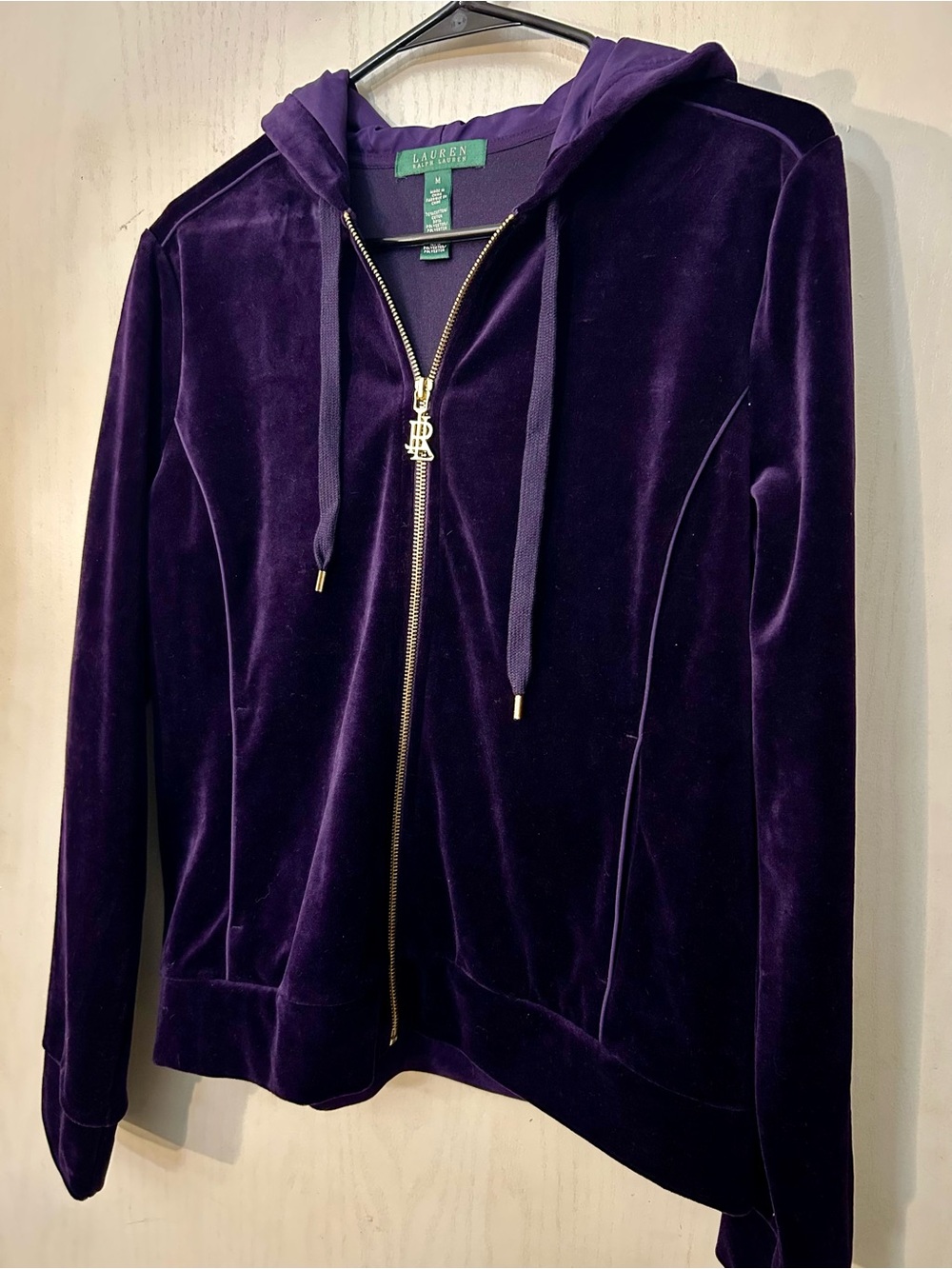 Lauren Ralph Lauren Purple Velour Zip Hoodie Women’s M Gold LRL Logo